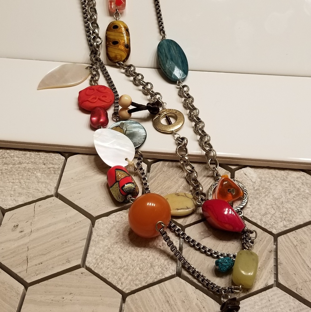 Long Bohemian mixed chain and bead necklace